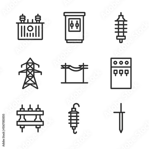 Electrical Icon Set. Outline icon set of electrical infrastructure components: transformer unit, circuit breaker cabinet,