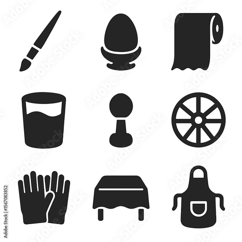 Easter Egg Tool Icons. Solid, filled icons set of Easter egg painting tools: fine-tip brush, egg stand ring,