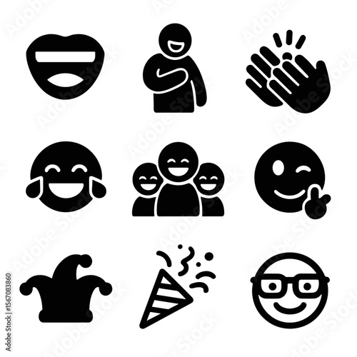 Laughter Icon Grid. Solid, filled icon set of laughter and joy: open mouth laugh, belly laugh, clapping hands, joyful tears, group