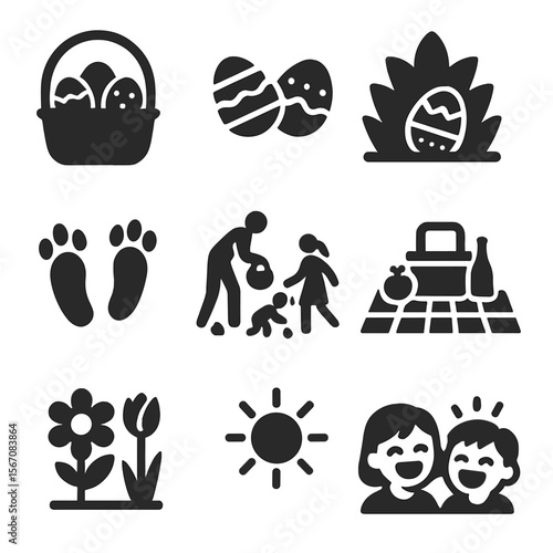 Easter Egg Hunt Icons. Solid, filled icons set of outdoor Easter egg fun: lawn basket, plastic eggs, hiding