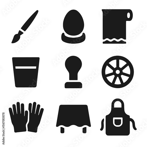 Easter Egg Tool Icons. Solid, filled icons set of Easter egg painting tools: fine-tip brush, egg stand ring,