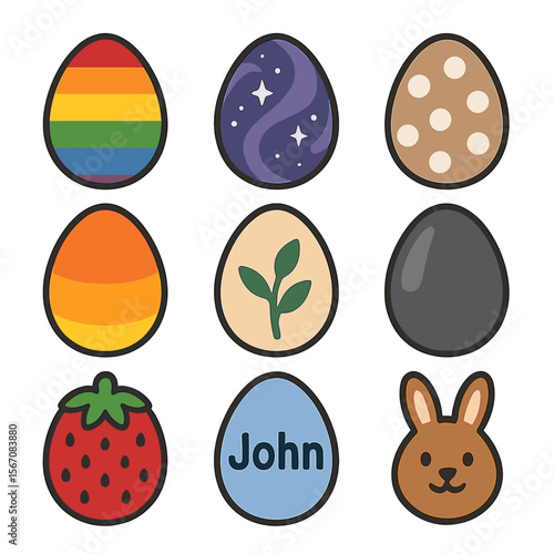 Easter Egg Icons. Solid, filled icons set of Easter egg decorating themes: rainbow egg, galaxy swirl, polka