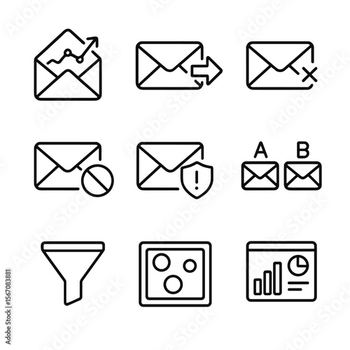 Email Analytics Icons. Outline icon set of email analytics and performance tracking: open rate graph, click-through arrow, bounce