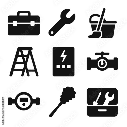Laundry Room Tools Icons. Solid, filled icon set of laundry room maintenance tools: toolbox, wrench, mop bucket, step ladder, fuse