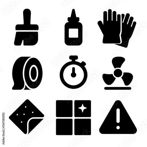 Grout Sealing Icons. Solid, filled icon set of grout sealing: sealant brush, sealant bottle, protective gloves, masking tape,