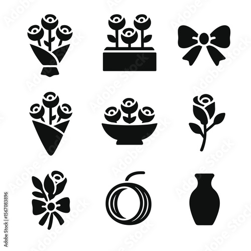 Floral Icon Grid. Solid, filled icon set of bouquet arrangements: wrapped bouquet, floral foam, ribbon, bouquet cone, centerpiece,