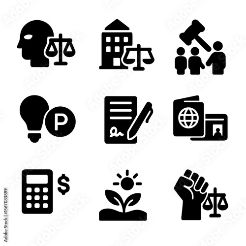 Law Specialties Icons. Solid, filled icon set of law specialties: criminal law, corporate law, family law, intellectual property,