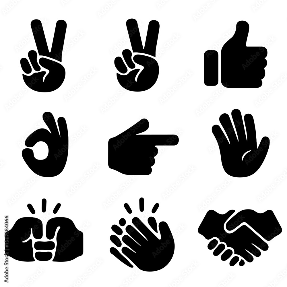 Fototapeta premium Hand Gesture Icons. Solid, filled icon set of hand symbols and icons: peace sign, victory hand, thumbs up, OK sign, finger