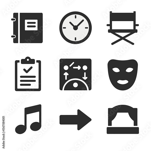 Theatrical Icon Set. Flat icon set of workshops and rehearsals: script binder, rehearsal clock, director’s chair, feedback