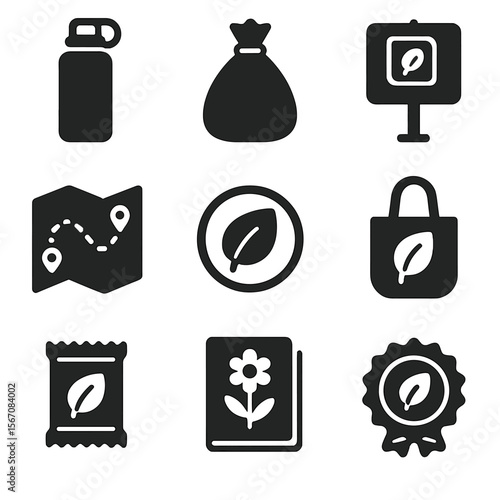 Eco Exploration Icons. Solid, filled icons set of eco-conscious exploration: reusable bottle, trash bag, leave