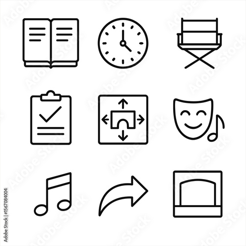 Theatrical Icon Set. Outline icon set of workshops and rehearsals: script binder, rehearsal clock, director’s chair, feedback