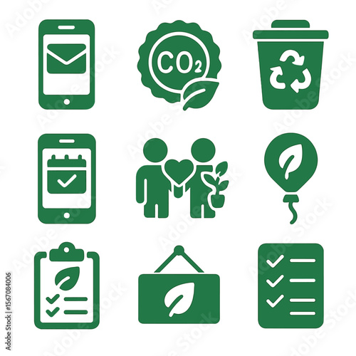 Eco Event Icons. Solid, filled icons set of green event planning tools: digital invitation, carbon offset