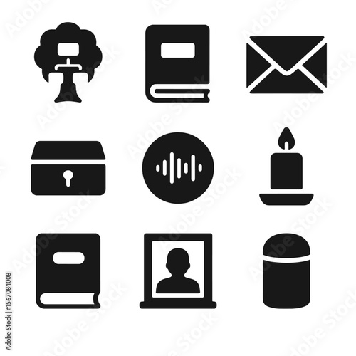 Legacy Icon Collection. Solid, filled icon set of legacy and memory: family tree, old journal, vintage letter, keepsake box,