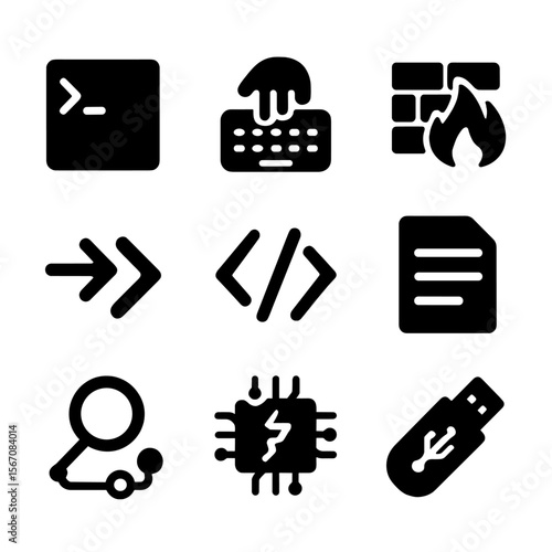 Hacker Icon Set. Solid, filled icon set of hacker-themed ARGs: terminal screen, keyboard tap, firewall icon, hack arrow, code