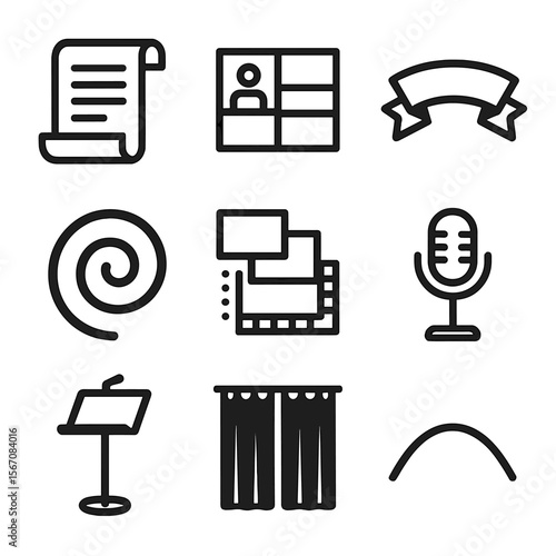 Theatrical Storytelling Icons. Flat icon set of theatrical storytelling devices: scroll script, storyboard panel, narrative ribbon