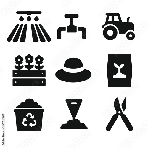 Flower Farming Icons. Solid, filled icon set of flower farming: field rows, irrigation pipe, tractor, flower crate, sun hat, soil