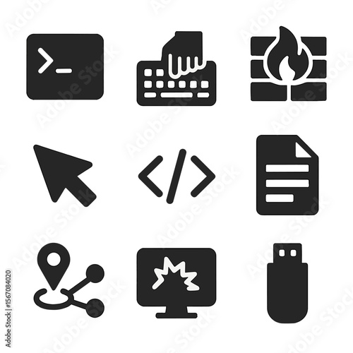 Hacker Icon Set. Solid, filled icon set of hacker-themed ARGs: terminal screen, keyboard tap, firewall icon, hack arrow, code
