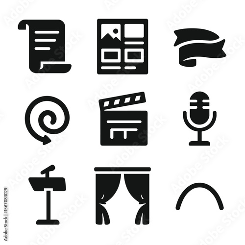 Theatrical Storytelling Icons. Solid, Filled icon set of theatrical storytelling devices: scroll script, storyboard panel,