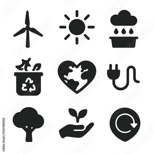 Eco Icons Grid. Solid, filled icons set of climate-conscious design themes: wind turbine, solar rays,