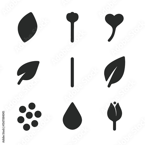 Flower Parts Icons. Solid, filled icon set of flower parts: petal, stamen, pistil, sepal, stem, leaf, pollen, nectar drop, flower