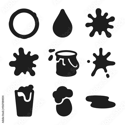 Themed Splatters Grid. Solid, Filled icon set of themed splatters: coffee stain, wine drip, ink spill, mud splat, blood spatter,