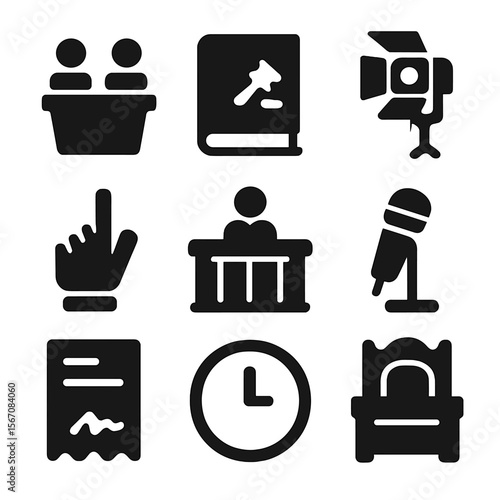 Legal Icon Grid. Solid, filled icon set of legal confrontation: debate podium, law book, spotlight, questioning hand, courtroom