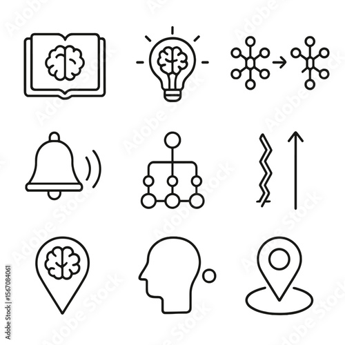 Emotional Memory Icons. Outline icon set of emotional memory and learning: memory book with brain, flashbulb moment icon, synaptic