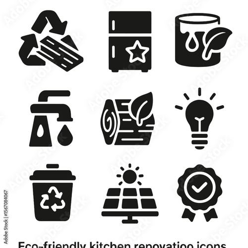 Eco Kitchen Icons. Solid, filled icons set of eco-friendly kitchen renovation: recycled materials, energy star