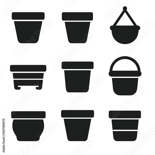 Flower Pot Icons. Solid, filled icon set of flower pot types: ceramic pot, clay pot, hanging pot, wooden planter, plastic pot,