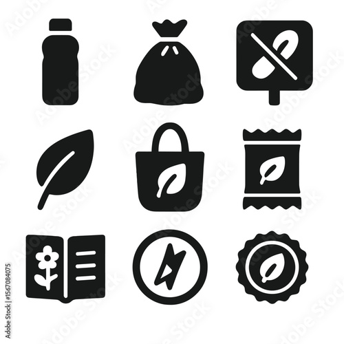Eco Exploration Icons. Solid, filled icons set of eco-conscious exploration: reusable bottle, trash bag, leave