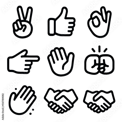 Hand Gesture Icons. Solid, filled icon set of hand symbols and icons: peace sign, victory hand, thumbs up, OK sign, finger
