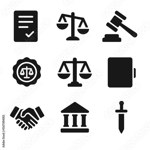 Legal Icons Grid. Solid, filled icon set of legal outcomes: verdict document, scales tipping, gavel striking, court seal, legal
