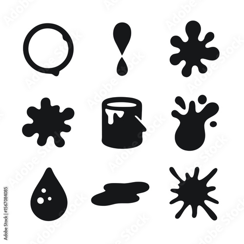 Themed Splatters Grid. Solid, Filled icon set of themed splatters: coffee stain, wine drip, ink spill, mud splat, blood spatter,