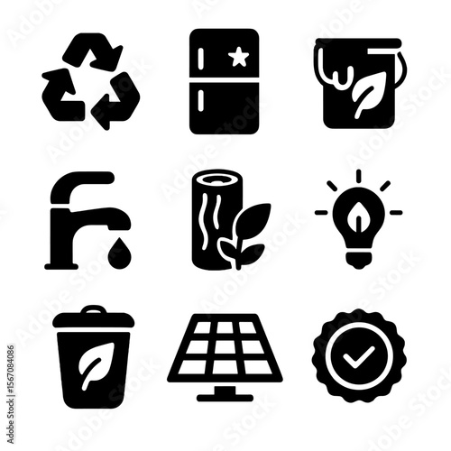 Eco Kitchen Icons. Solid, filled icons set of eco-friendly kitchen renovation: recycled materials, energy star