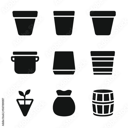 Flower Pot Icons. Solid, filled icon set of boutique studio staff: front desk staff, trainer, wellness coach, studio owner,
