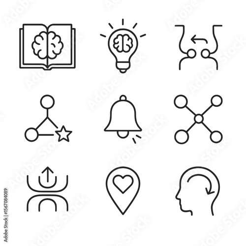 Emotional Memory Icons. Outline icon set of emotional memory and learning: memory book with brain, flashbulb moment icon, synaptic