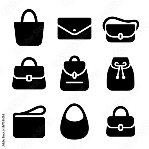 Handbag Icon Set. Solid, filled icon set of handbags: tote bag, clutch, crossbody bag, satchel, backpack purse, bucket bag,