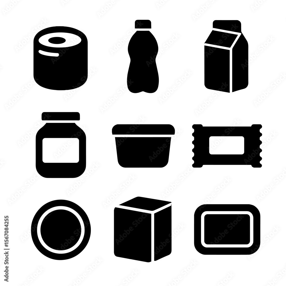 Food Packaging Icons. Solid, filled icon set of food packaging: can, bottle, carton, jar, plastic container, wrapper, label, box, Food Packaging Icons. Solid, filled icon set of food packaging: can, bottle, carton, jar, plastic container, wrapper, label, box,