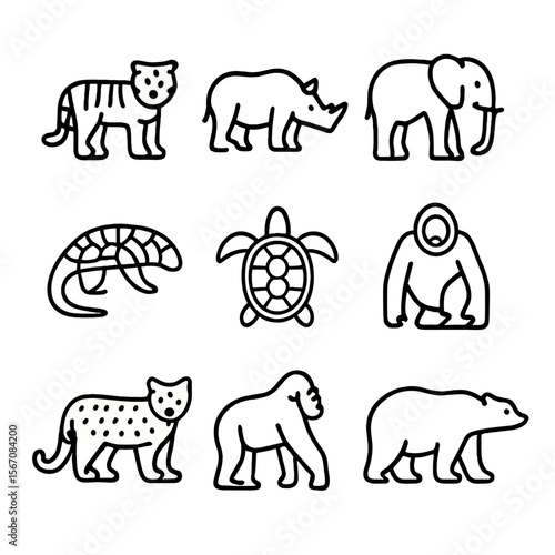 Endangered Wildlife Icons. Outline icon set of endangered wildlife species: tiger, rhinoceros, elephant, pangolin, sea turtle,