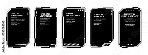 Five black futuristic hud text box frames with digital information. Data interface concept for modern technology display.