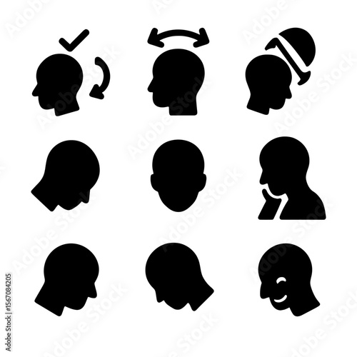 Head Movements Icons. Solid, filled icon set of head movements: nodding, shaking head, tilting head, looking down, looking up,