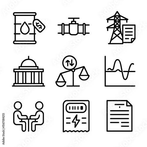 Energy Tariff Icon Set. Outline icon set of energy tariff negotiations: oil barrel with price tag, gas pipeline segment,