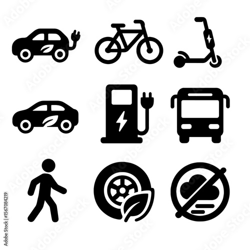 Eco Transport Icons. Solid, filled icons set of eco-friendly transportation: electric car, bike, scooter,
