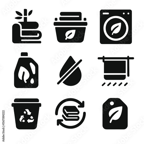 Eco Towel Icons Grid. Solid, filled icons set of sustainable towel habits: bamboo towel, eco-laundry basket,