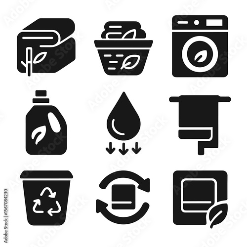 Eco Towel Icons Grid. Solid, filled icons set of sustainable towel habits: bamboo towel, eco-laundry basket,
