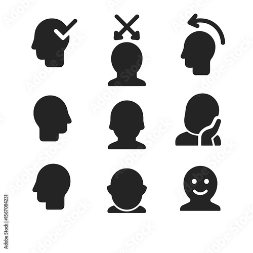 Head Movements Icons. Solid, filled icon set of head movements: nodding, shaking head, tilting head, looking down, looking up,