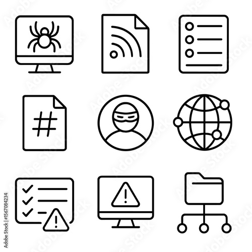 Threat Intelligence Icons. Outline icon set of threat intelligence sources: dark web monitor, open source feed, IOC list, malware