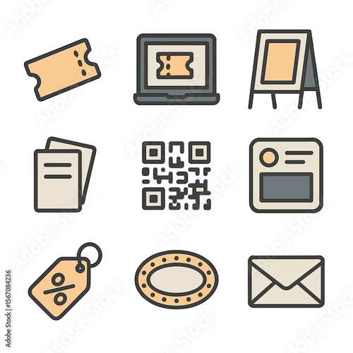 Ticketing & Marketing Icons. Flat icon set of ticketing and marketing: ticket stub, online booking screen, poster stand, flyer