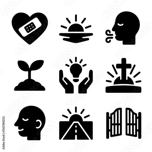 Healing Journey Icons. Solid, filled icon set of healing journey: bandaged heart, sunrise horizon, calm breath icon, growth plant,