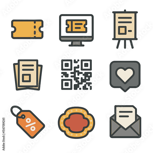 Ticketing & Marketing Icons. Flat icon set of ticketing and marketing: ticket stub, online booking screen, poster stand, flyer